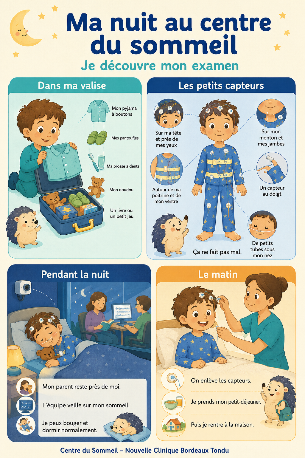 Fiche illustrée Ma nuit au centre du sommeil pour les enfants de maternelle et de primaire
